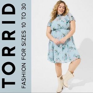 Torrid Mini Blue Floral Chiffon Smocked Neck Dress, NWT!